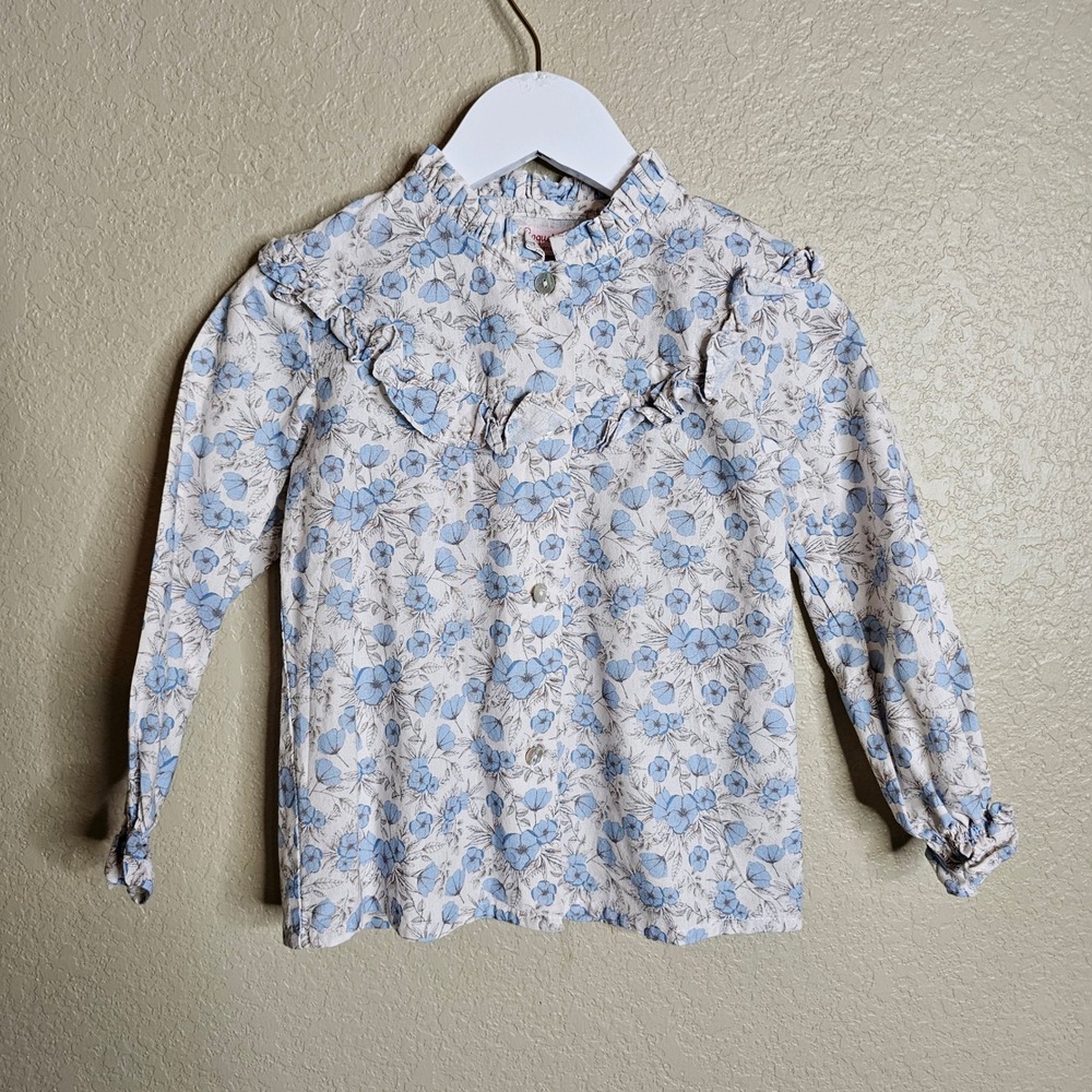 La Coqueta Kids Blue Floral Ruffle Cotton Blouse Top Size 4 Artisan Made